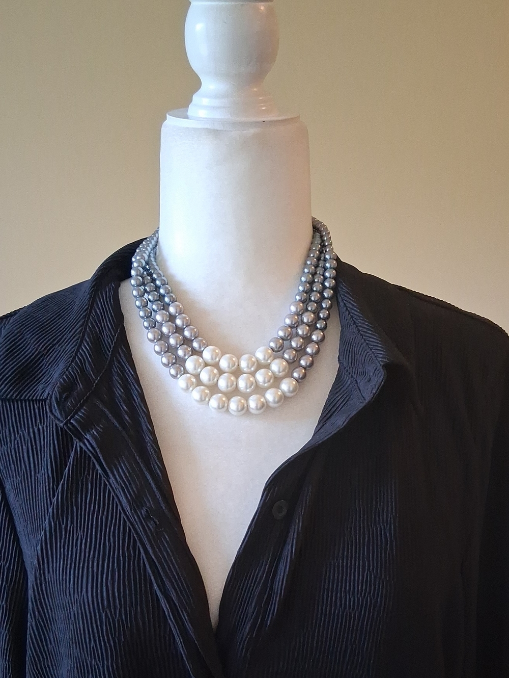 Three-Strand Faux Pearl Necklace in Grey and White - Classic Women's Necklace